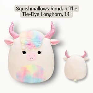 Squishmallows Rondah the Tie-Dye Longhorn 14” Plush Toy – Pastel with Pink Horns